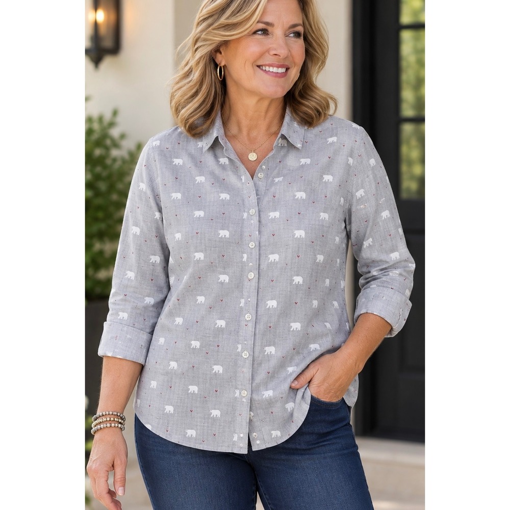 Talbots Grey Polar Bear Heart Button Down Shirt Size Medium Petite PM Cotton